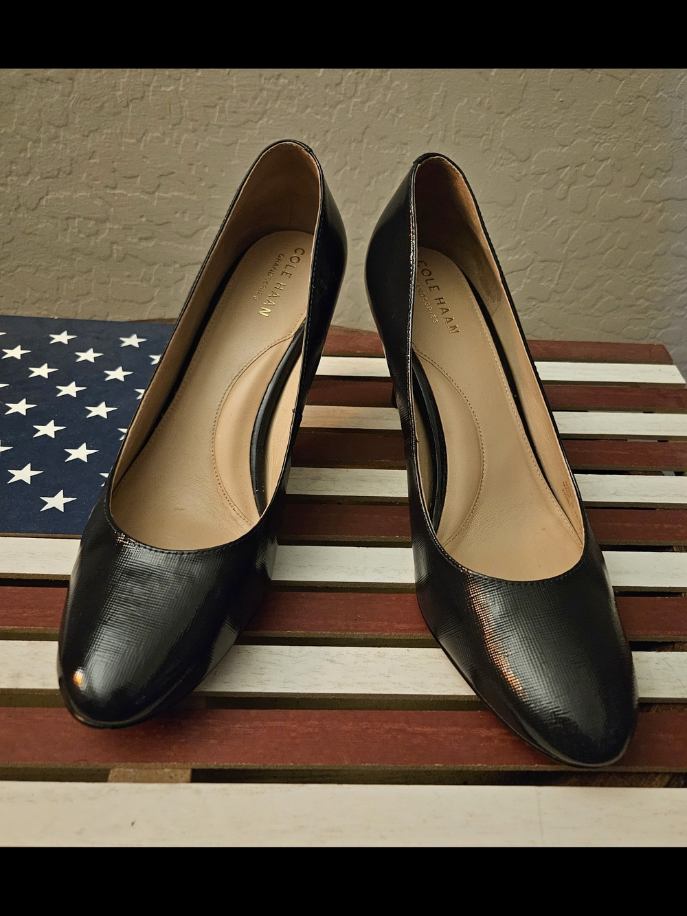 Cole Haan Navy Patent Leather Round-Toe Pumps